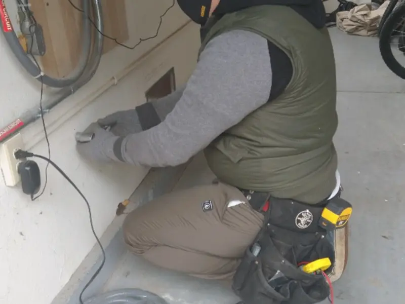 Electrician performing outlet wiring in a Smyrna garage